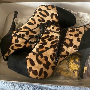 Fergie Leopard and Black High Heel Ankle Boots by Fergie